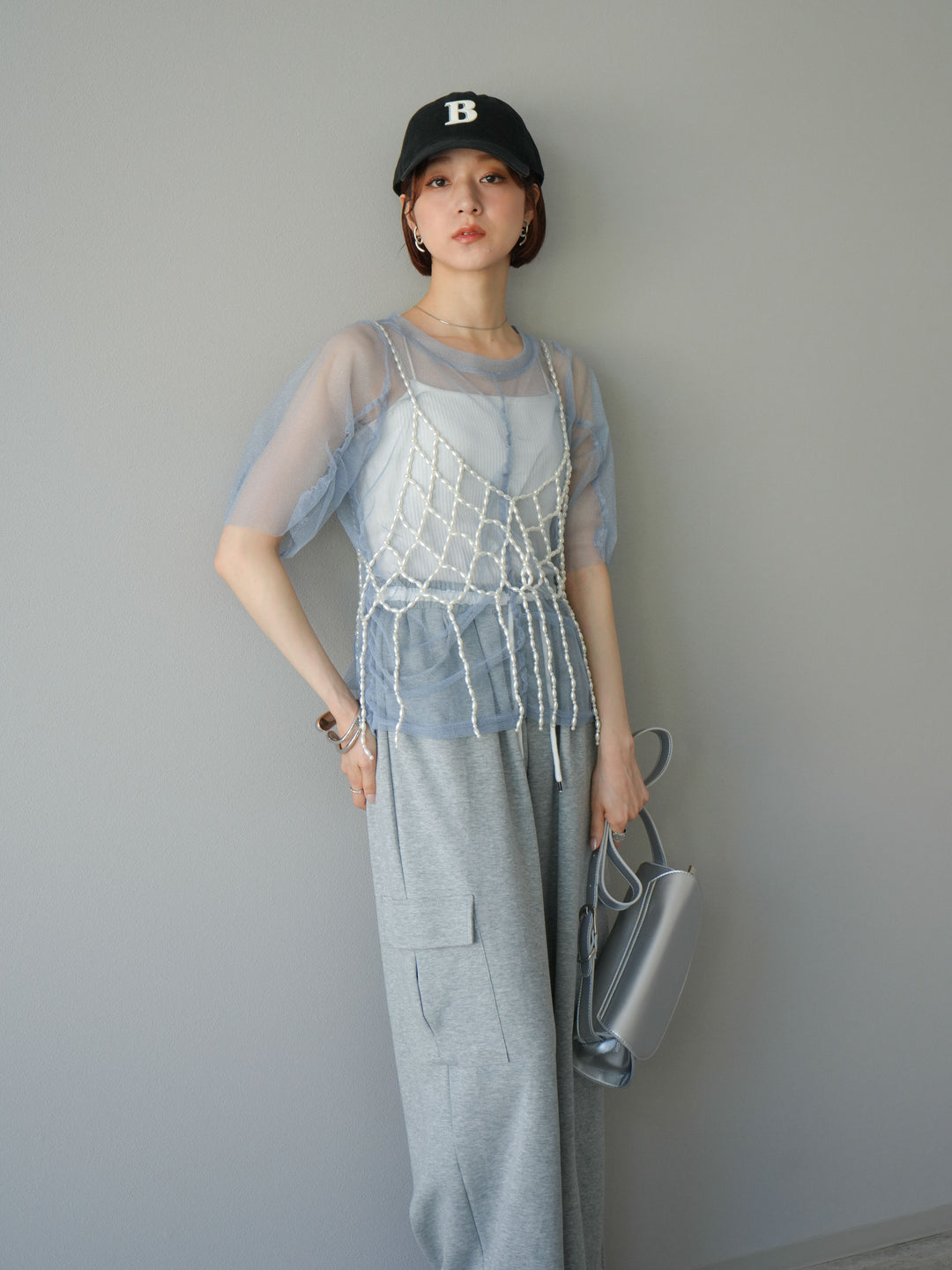 [SET]ラメチュールシャーリングプルオーバー+パールフリンジビスチェ+ウエストラインサイドポケットスウェットパンツ(3set)