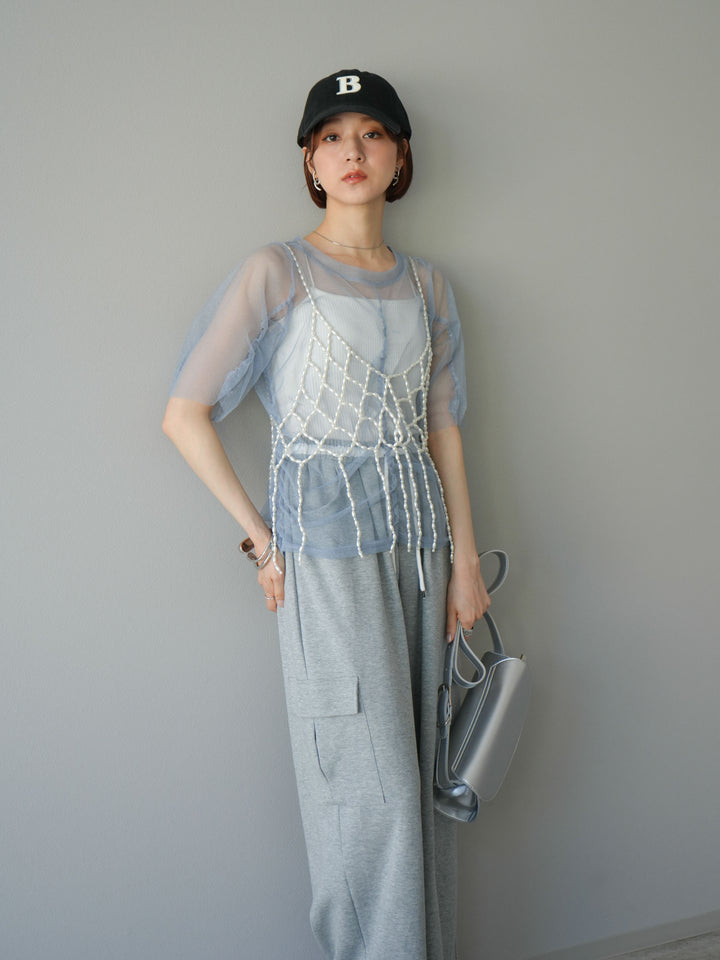 [SET]ラメチュールシャーリングプルオーバー+パールフリンジビスチェ+ウエストラインサイドポケットスウェットパンツ(3set)