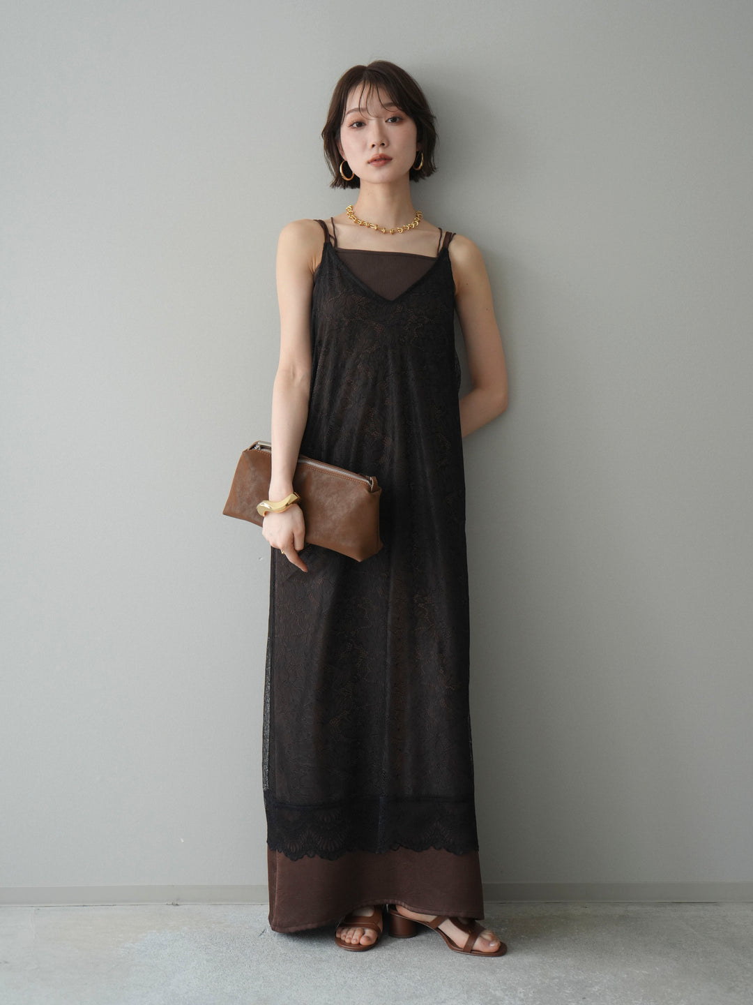 [予約]サテンレースレイヤードキャミワンピース/brown