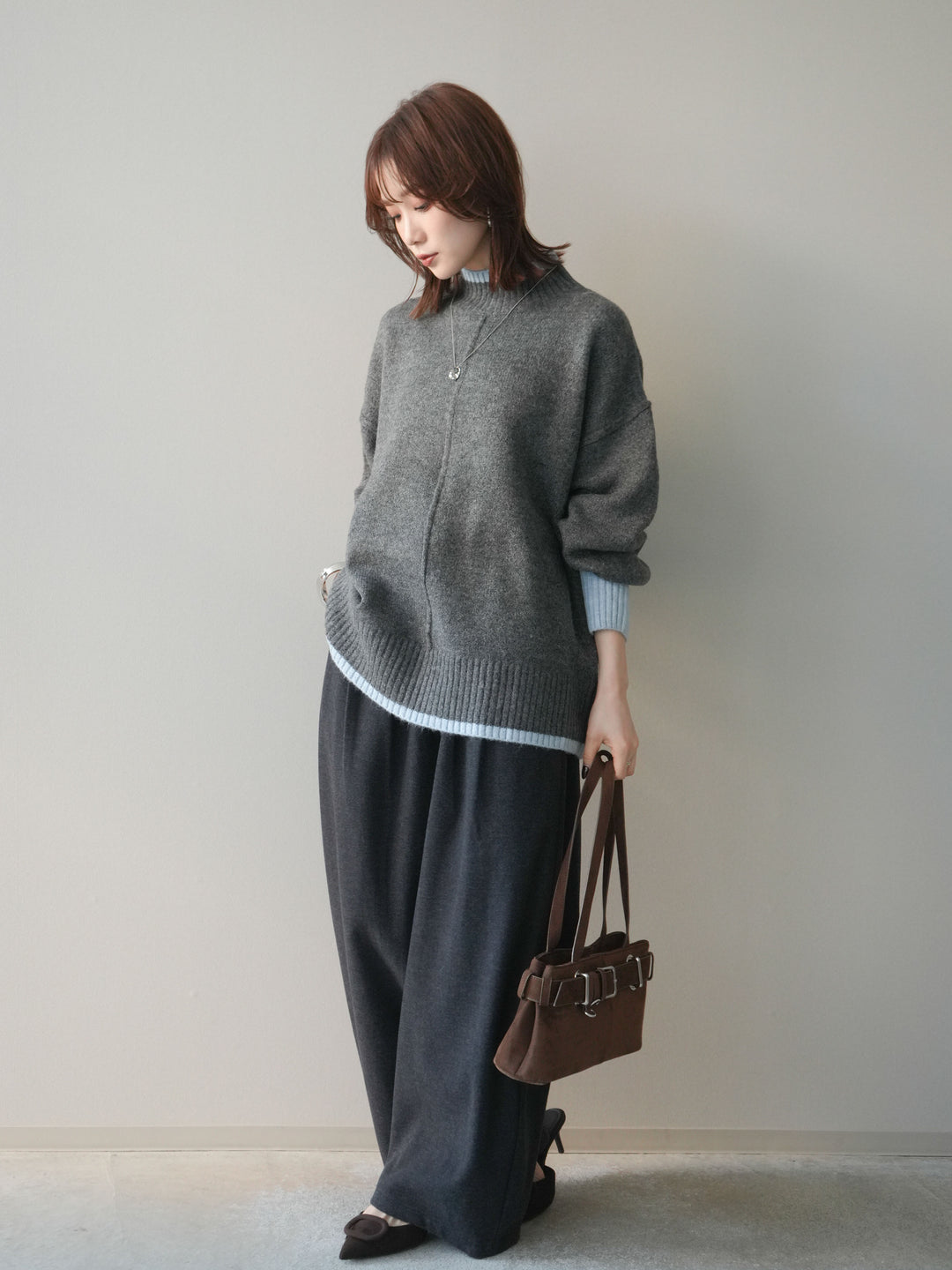 [予約]アニマル柄ベルト付きウールタッチワイドパンツ/charcoal