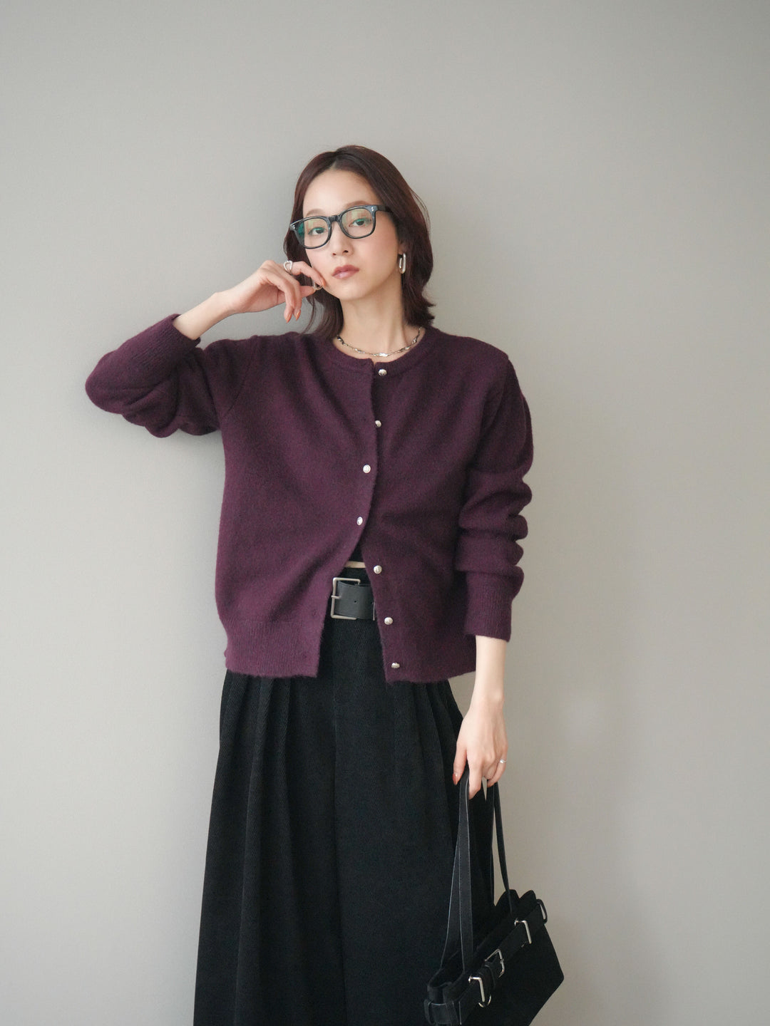 [SET]アンティークボタンニットカーディガン+ベルトデザインループコールテンワイドパンツ(ベルト付き)(2set)