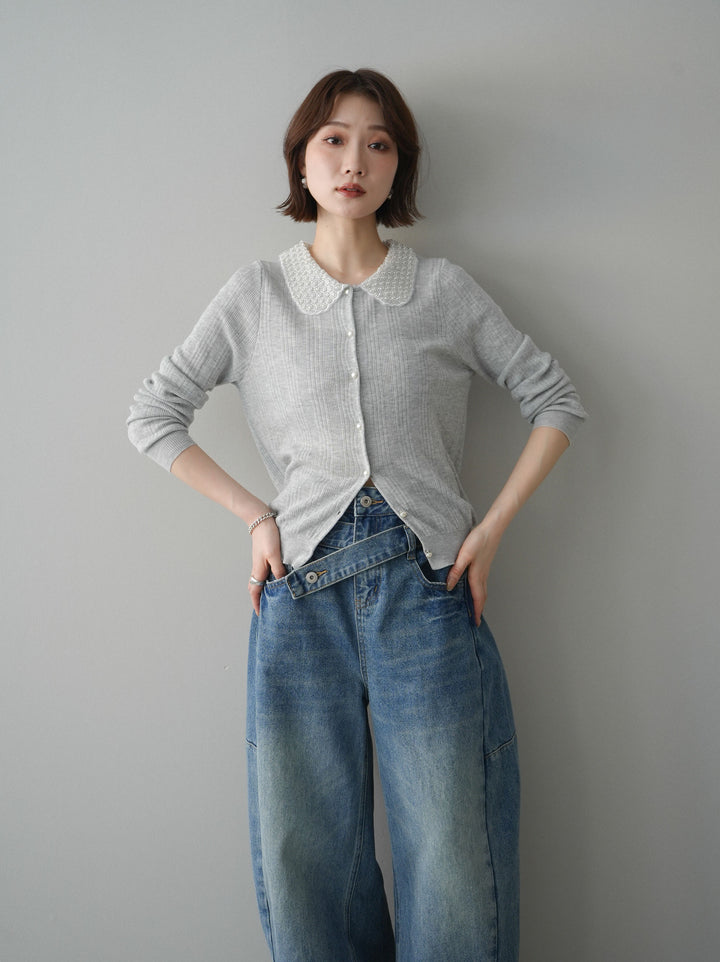 [予約]ビジュー襟パールボタンニットカーディガン/gray