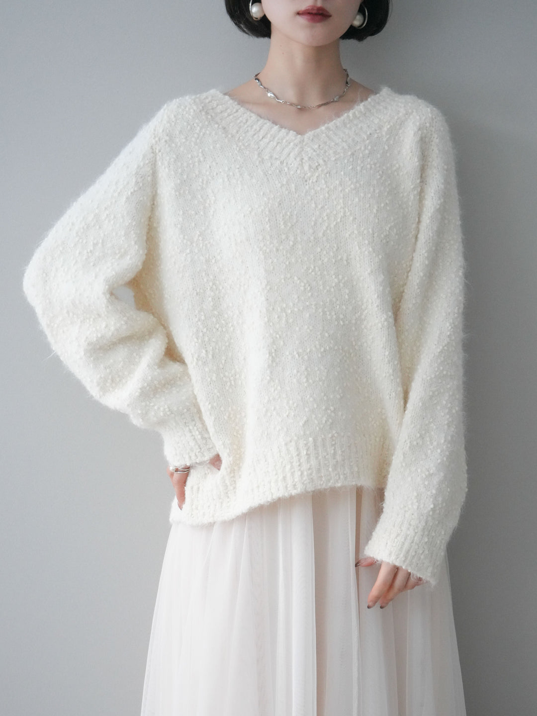 [SET]Vネックスラブニットプルオーバー+選べるアクセセット(2set)