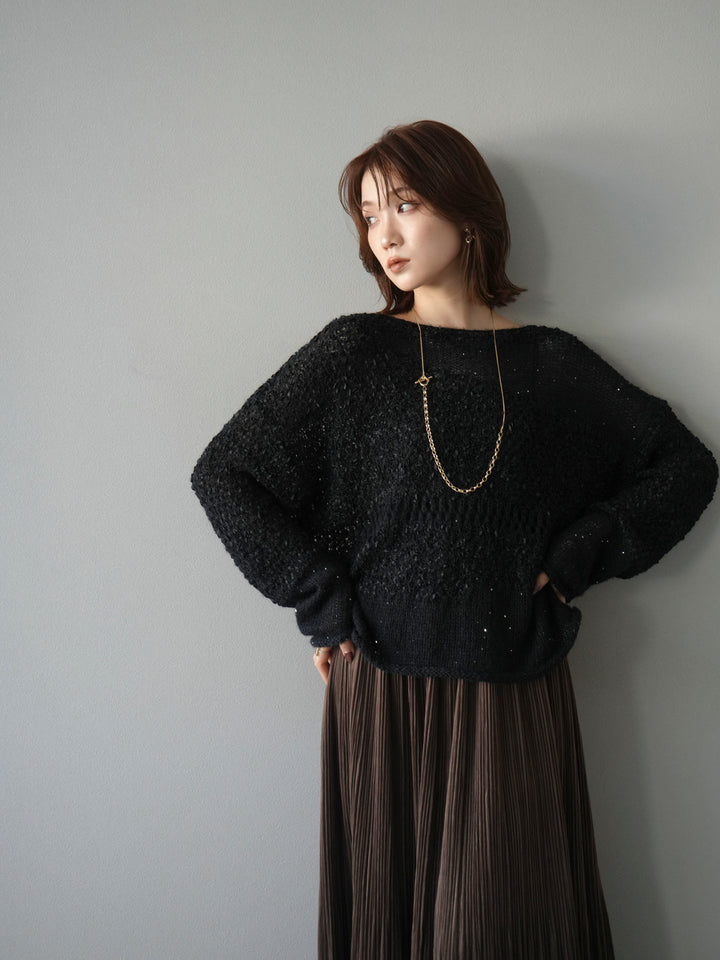 [予約]ミックスヤーンデザイン編みメッシュニットプルオーバー/ブラック