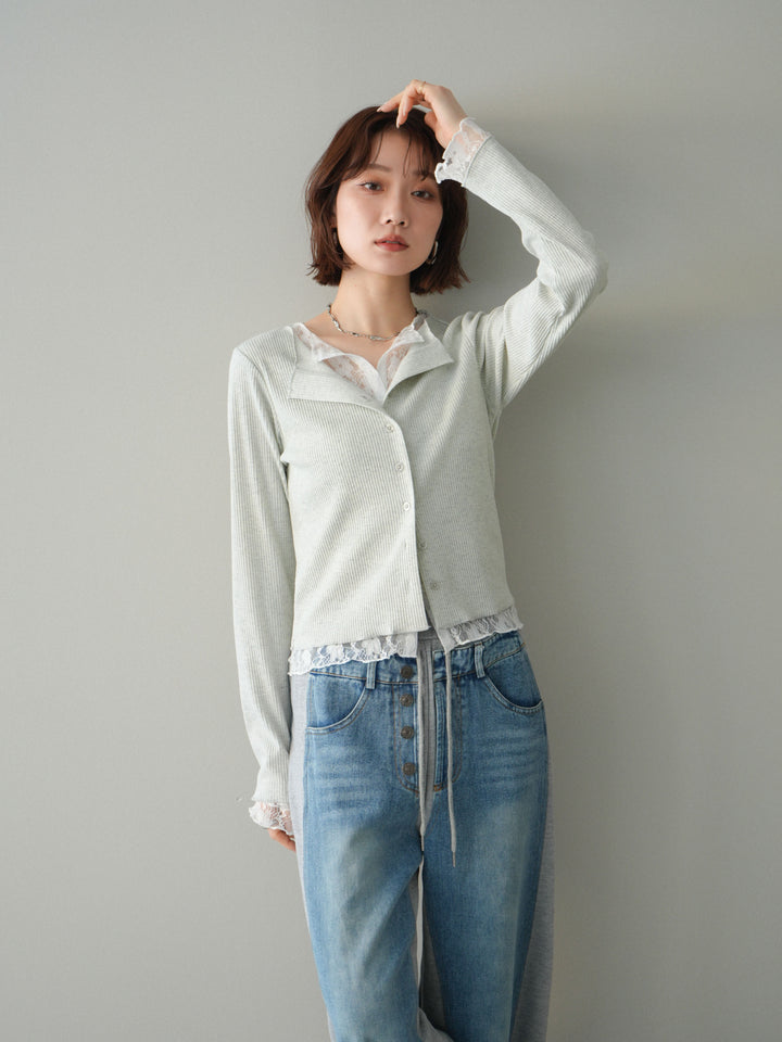 [SET]レースドッキングテレコリブカーディガン+デニム切替スウェットパンツ(2set)