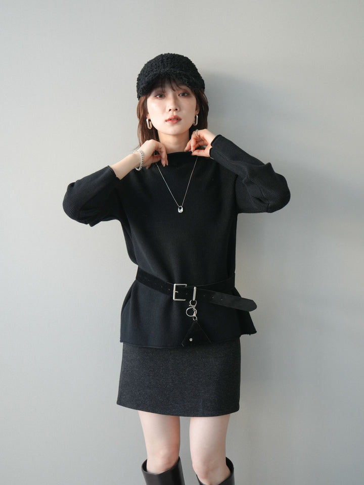 [予約]ボトルネック裾カールリブニットトップス/black