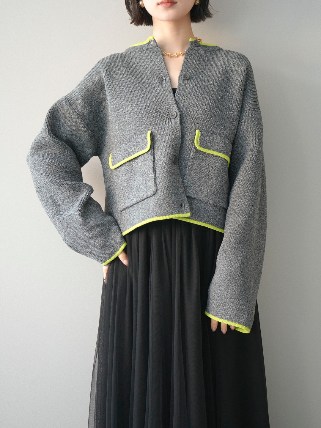 [SET]ポリエステル配色ニットカーディガン+ポリエステル配色ニットカーディガン(2set)