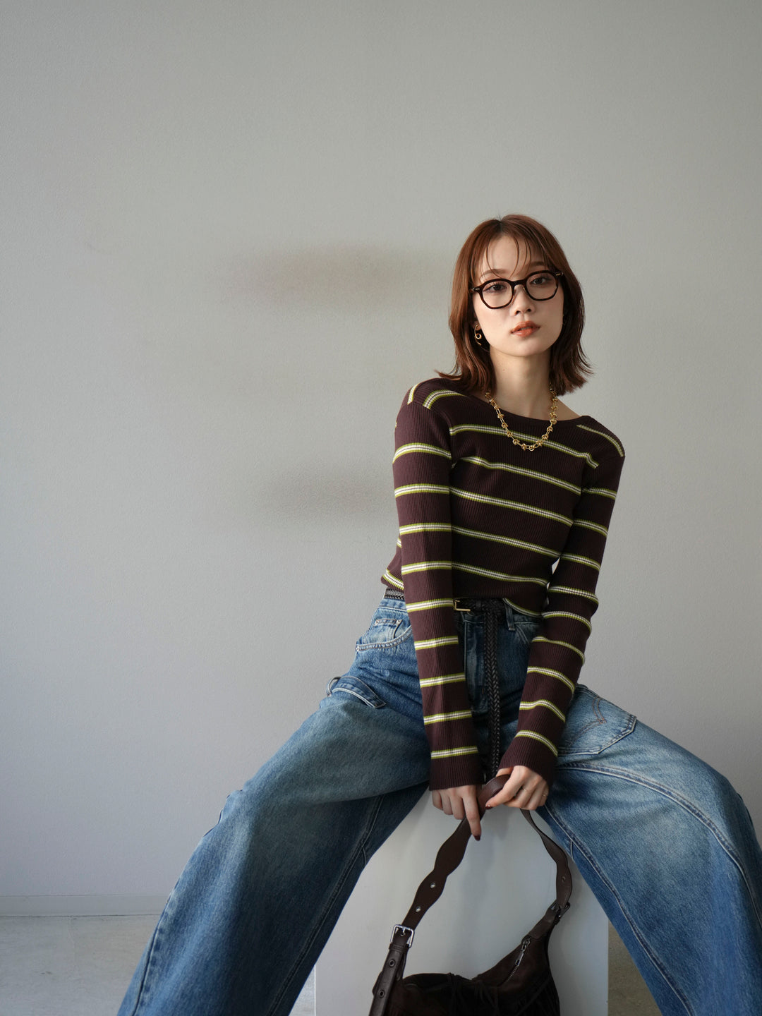 [予約]バックオープンボーダーテレコリブトップス/ブラウン