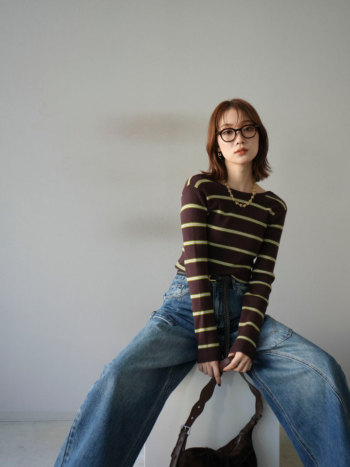 [予約]バックオープンボーダーテレコリブトップス/ブラウン