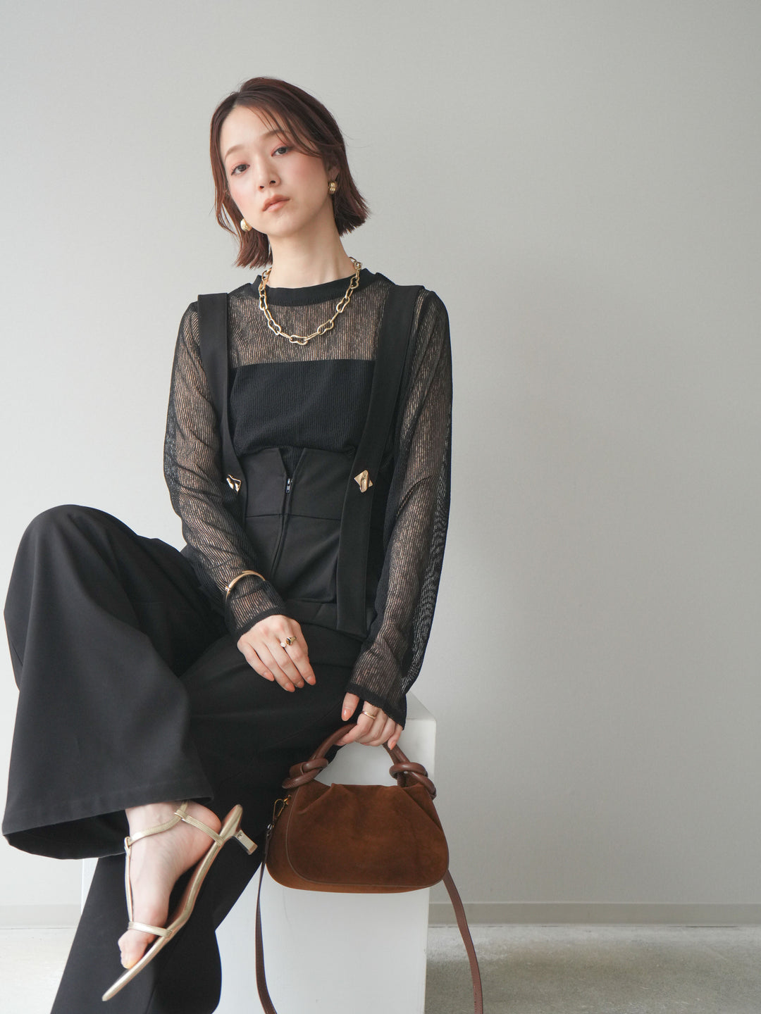 [予約]シアーストライプメッシュトップス/black