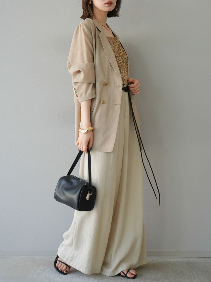 【預購】繩紋設計腰帶亞麻觸感寬褲/米色