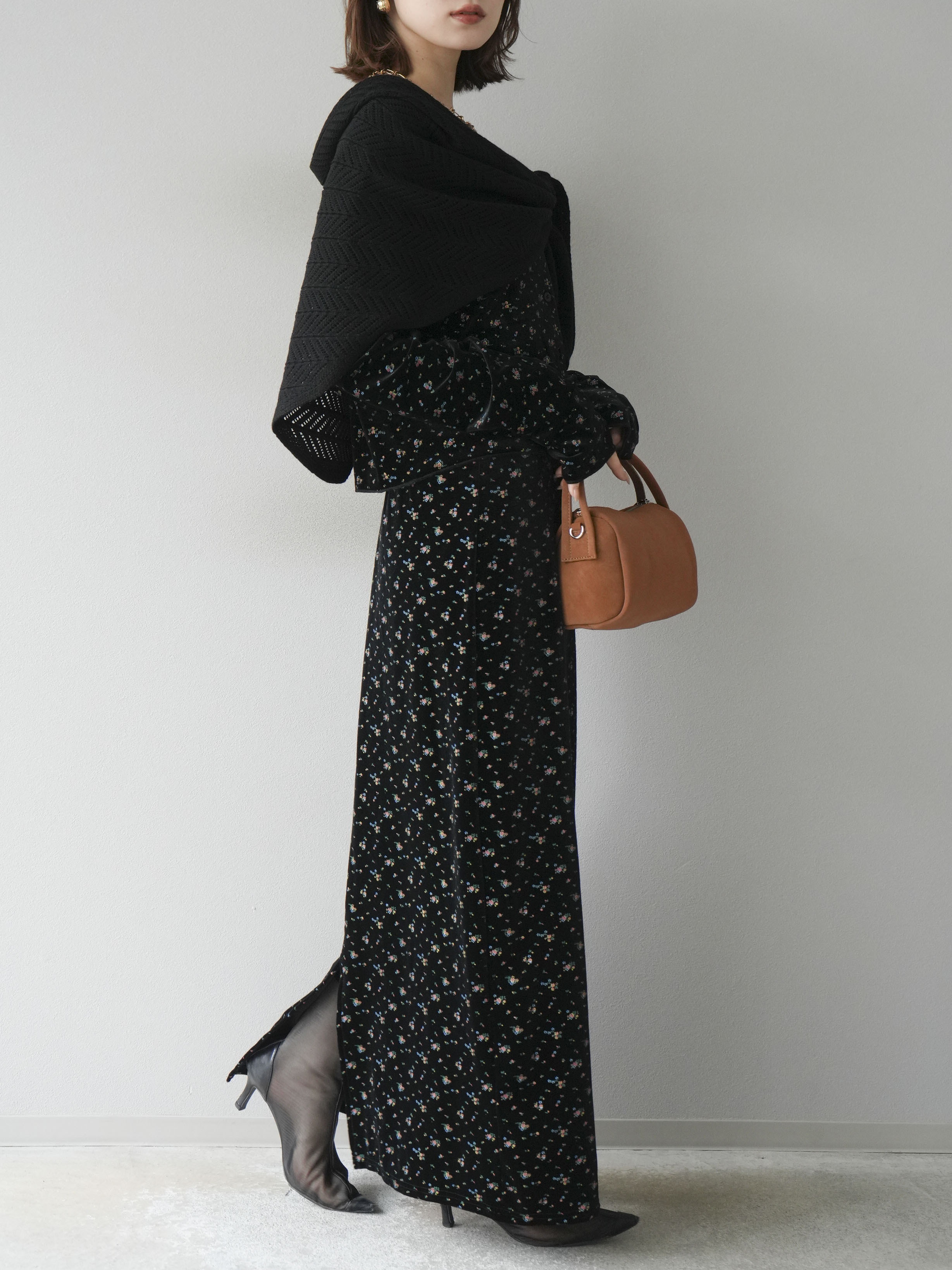 ベロアカーディガン　ベロアスカート　2点 SET]ベロアフラワープリントカーディガン+ベロアフラワー