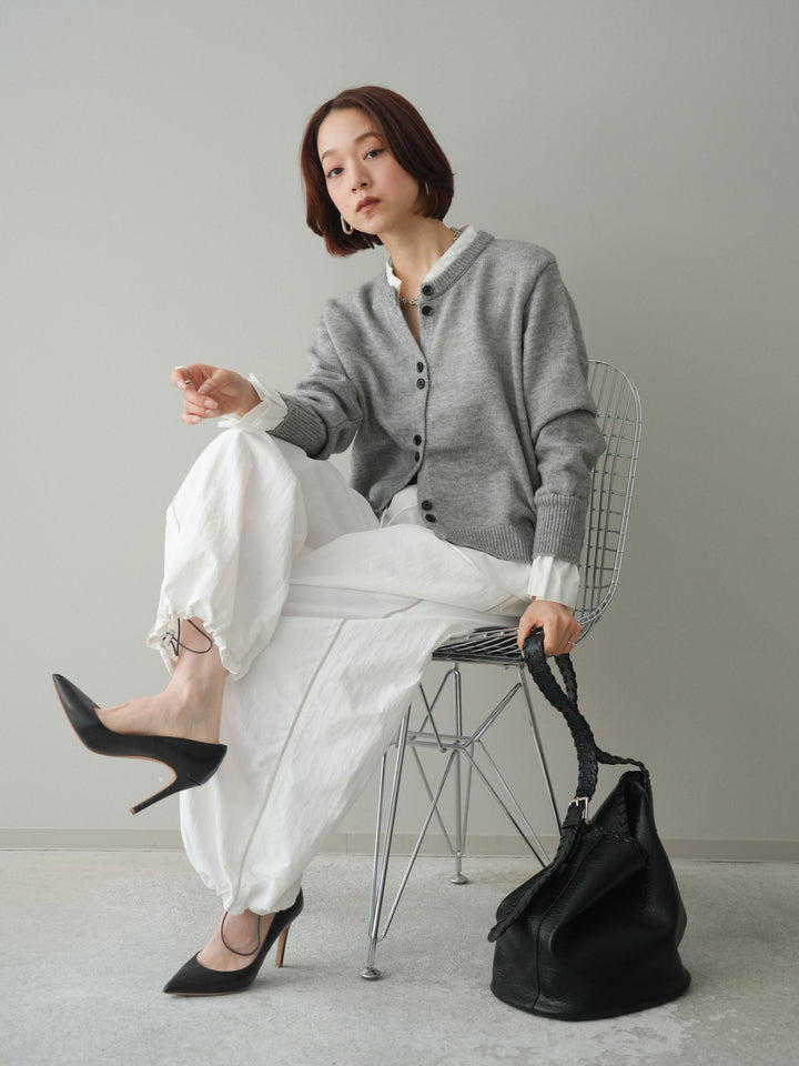 【預購】梭織布料對接針織開襟衫/淺灰色