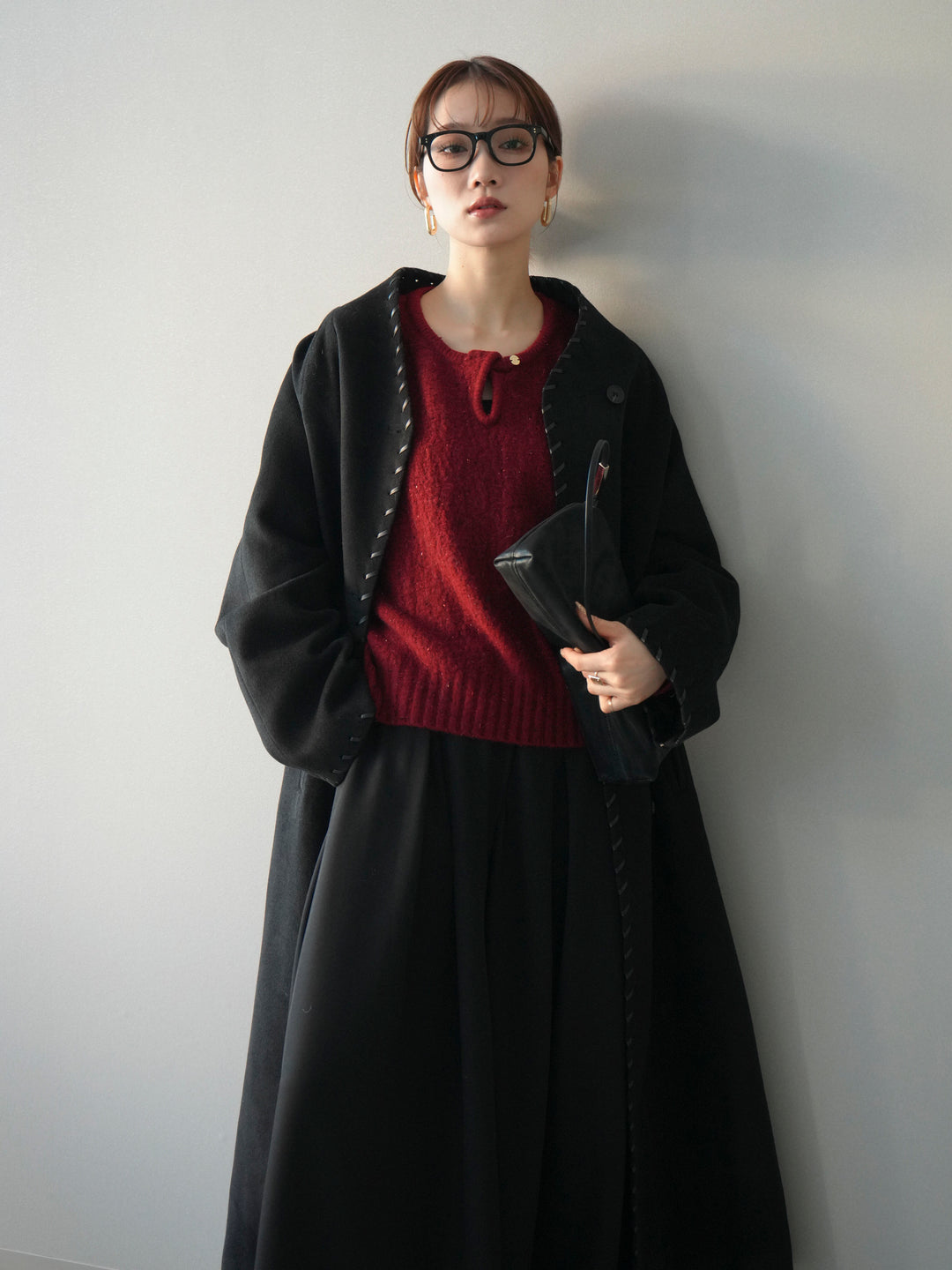 [予約]ハンドステッチ裏中綿ロングコート/black