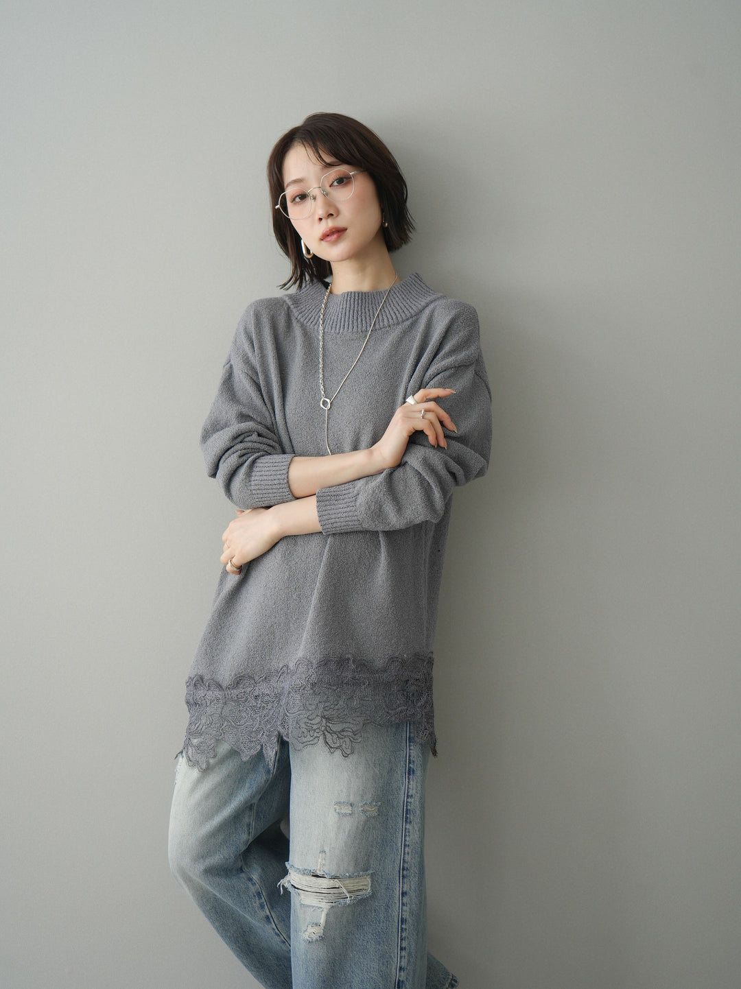 [SET]アシンメトリーレースヘムニットプルオーバー+ダメージデニムセミワイドパンツ(2set)