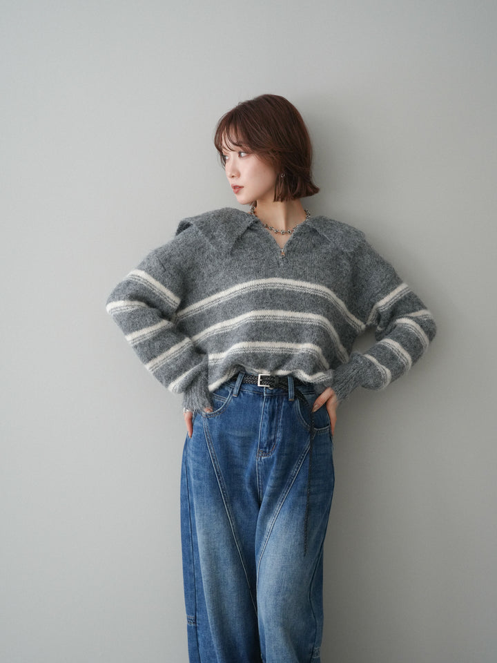 [予約]ハーフジップボーダーニットプルオーバー/gray