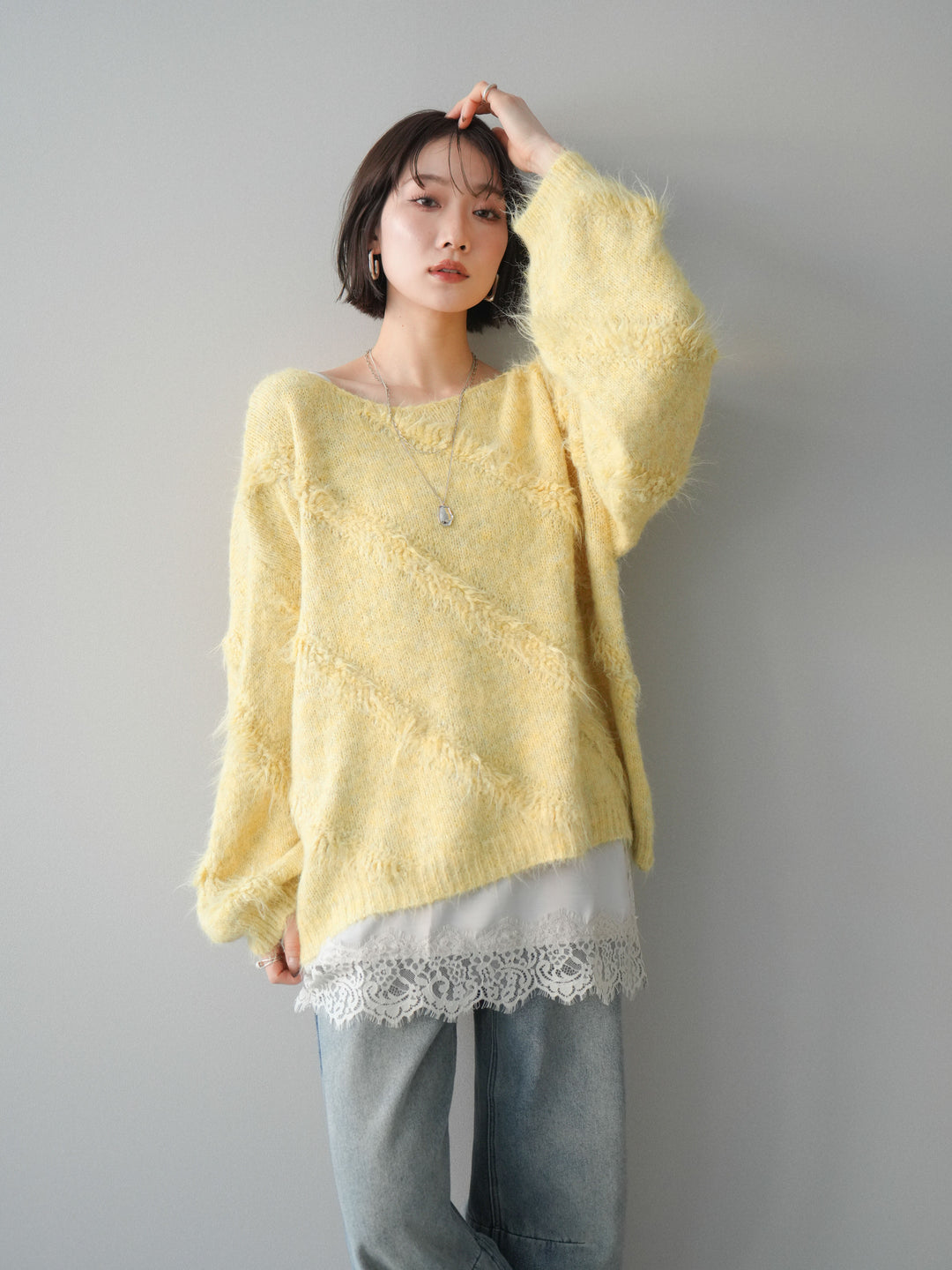 [予約]シャギーデザインニットプルオーバー/yellow