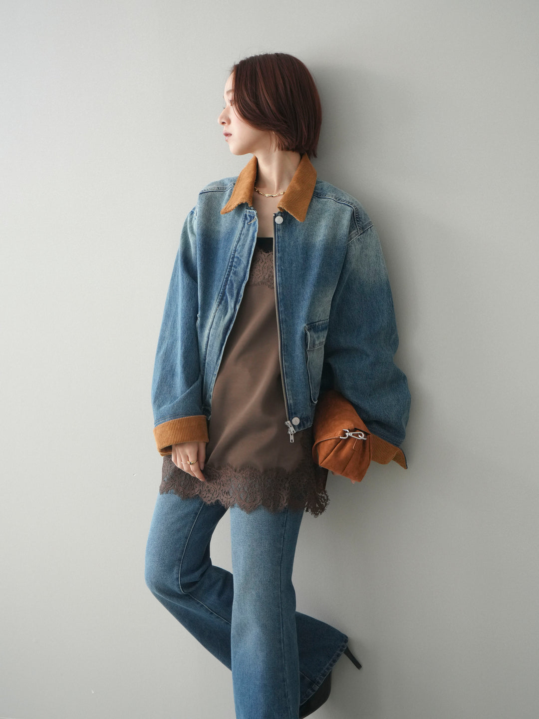 [予約]コーデュロイ×デニムショートカバーオール/blue