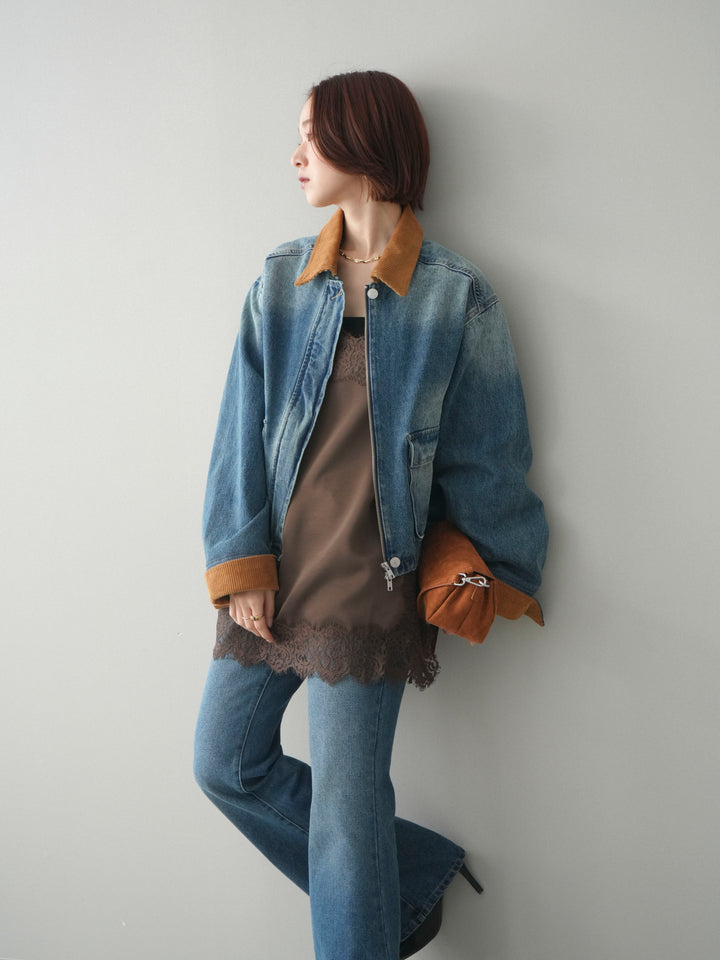 [予約]コーデュロイ×デニムショートカバーオール/blue