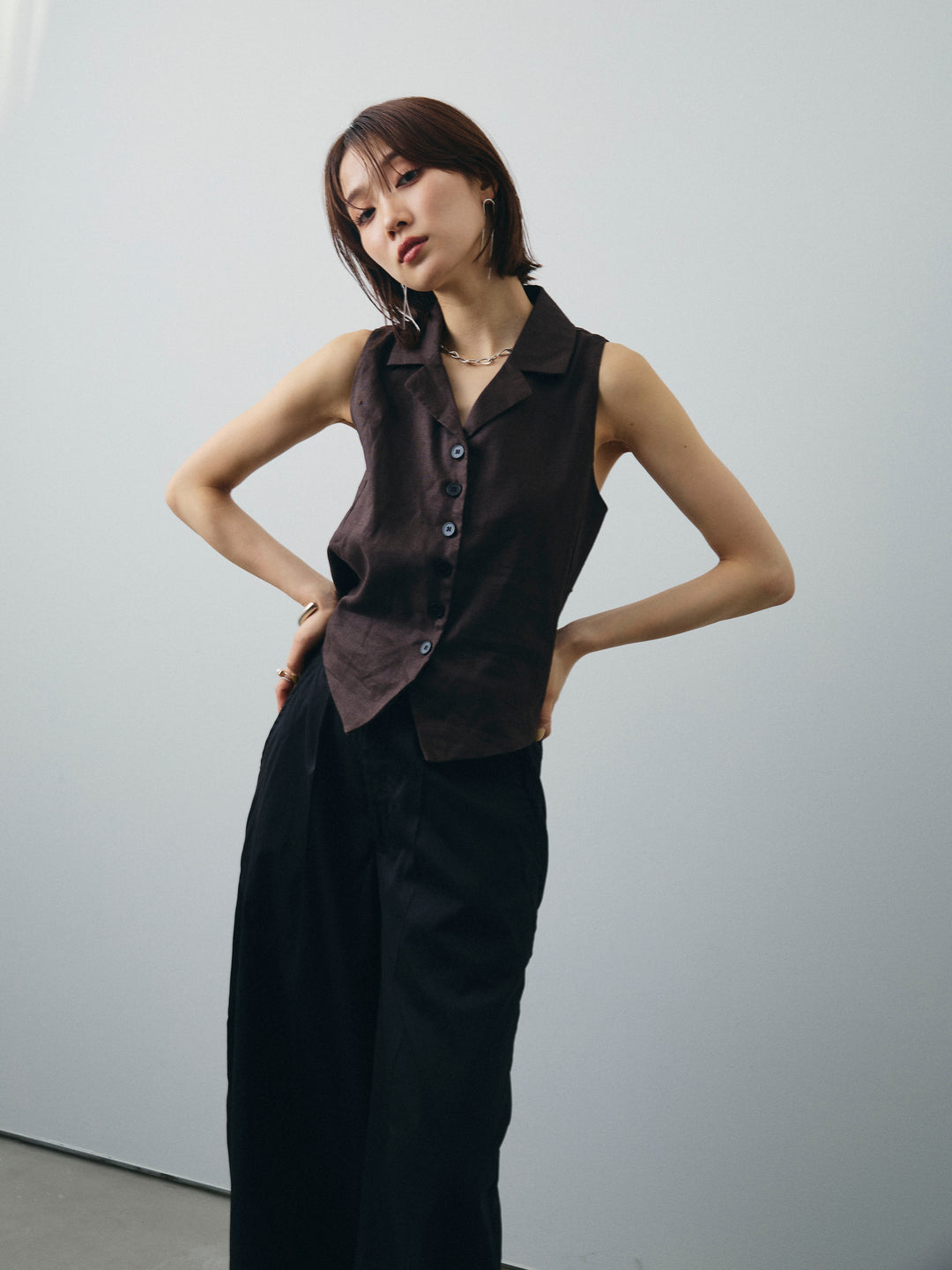 [SET]リネンライクテーラードジレ+コクーンワイドチノパンツ(2set)