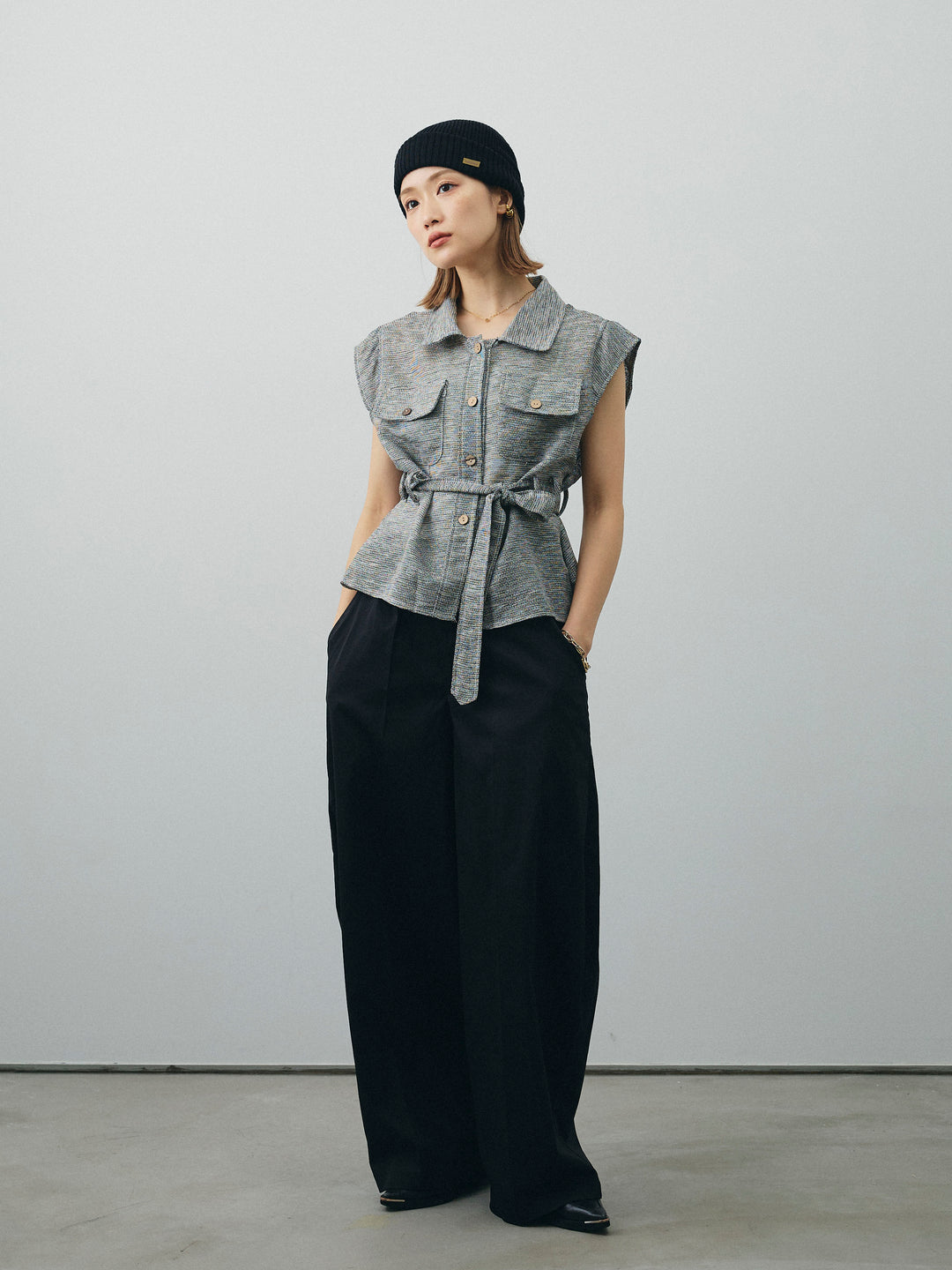 [SET]ミックスヤーンメッシュブラウス+コクーンワイドチノパンツ(2set)