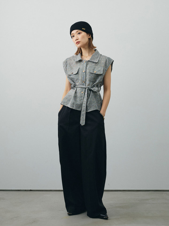 [SET]ミックスヤーンメッシュブラウス+コクーンワイドチノパンツ(2set)