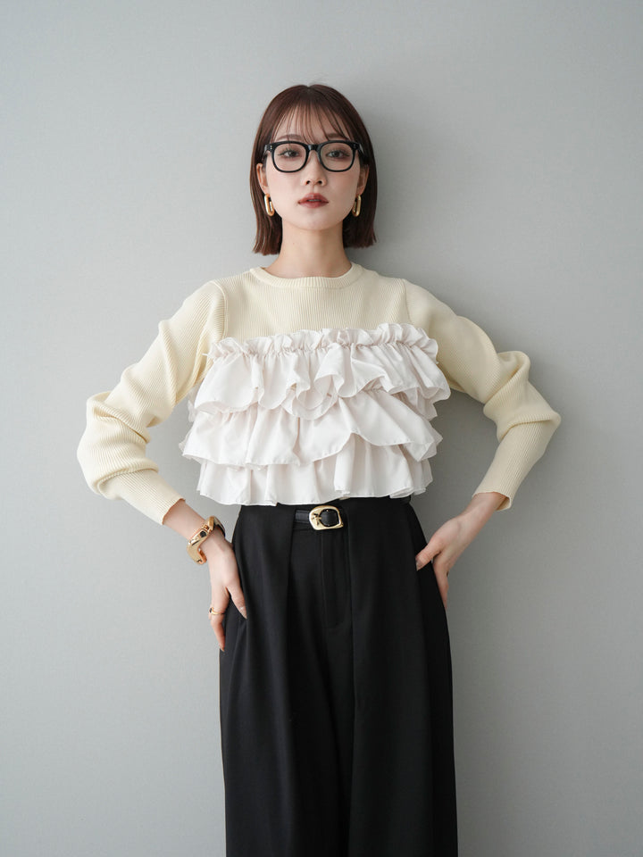 [SET]フリルビスチェドッキングスポンジニットプルオーバー+ストーンフォークリング(2set)