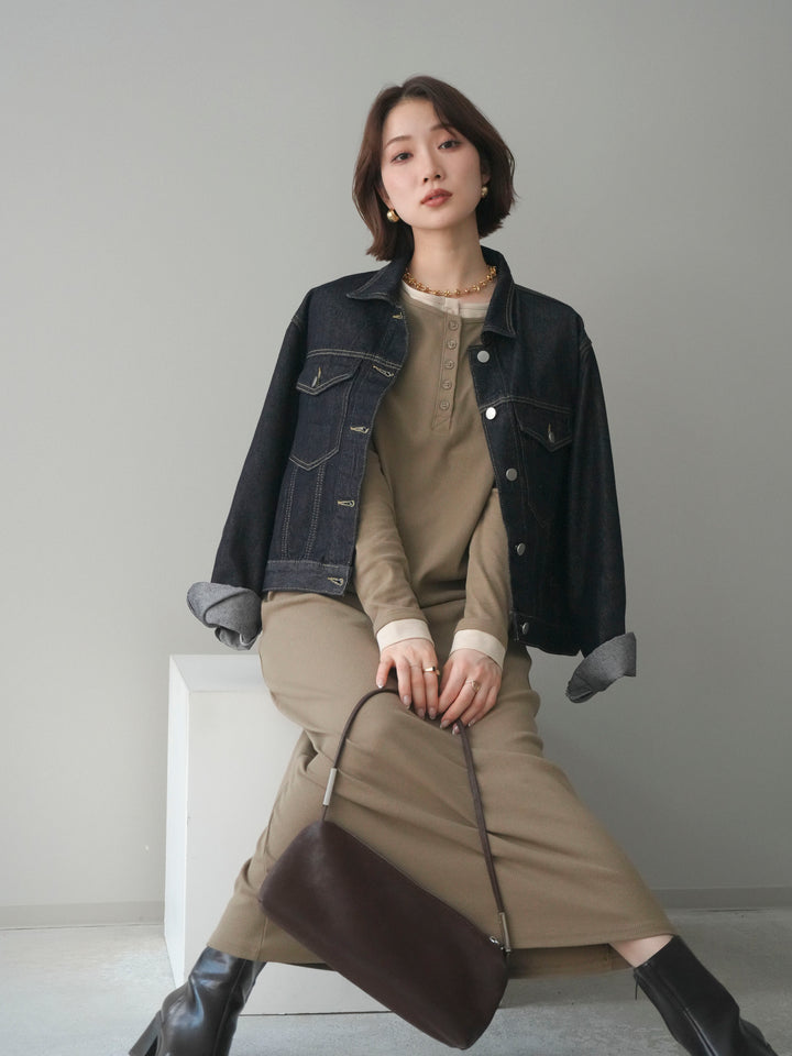 [予約]配色レイヤードヘンリーネックカットリブワンピース/mocha