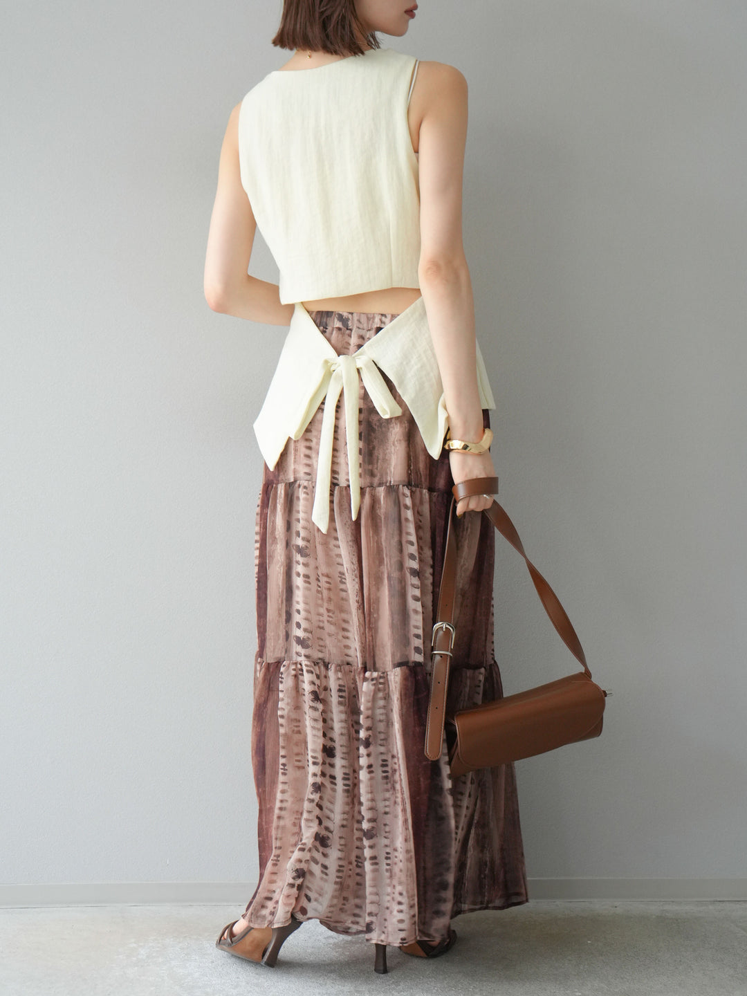 [SET]リネンタッチバックオープンベスト＆ニュアンス柄マキシスカートSET UP(2set)