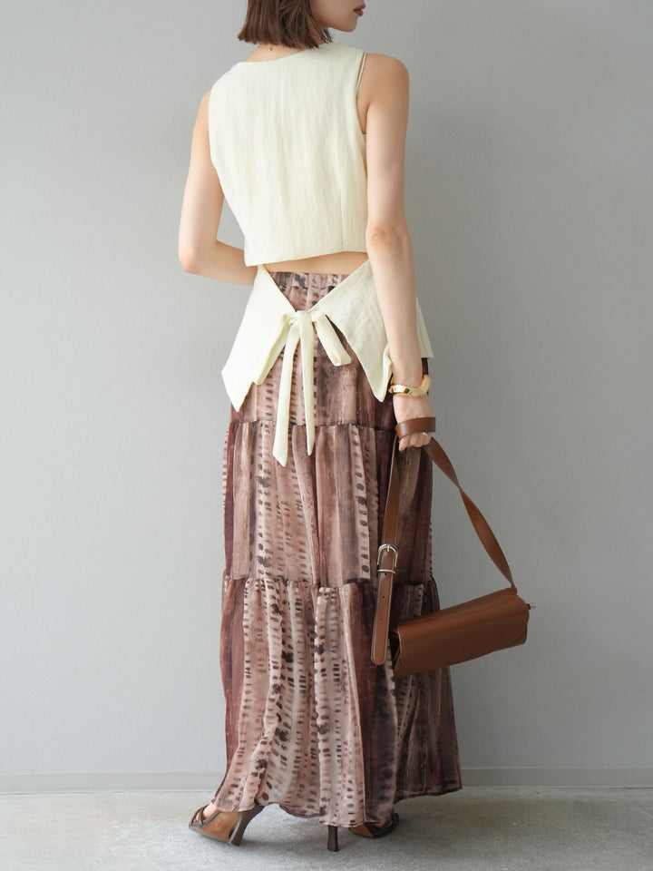 [SET]リネンタッチバックオープンベスト＆ニュアンス柄マキシスカートSET UP(2set)