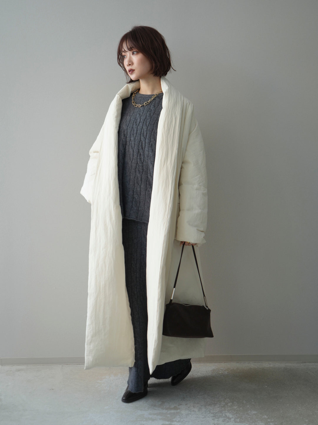 [SET]ストール付ケーブルニットプルオーバー&ロングスカートSET UP+ロングダウンコート(2set)