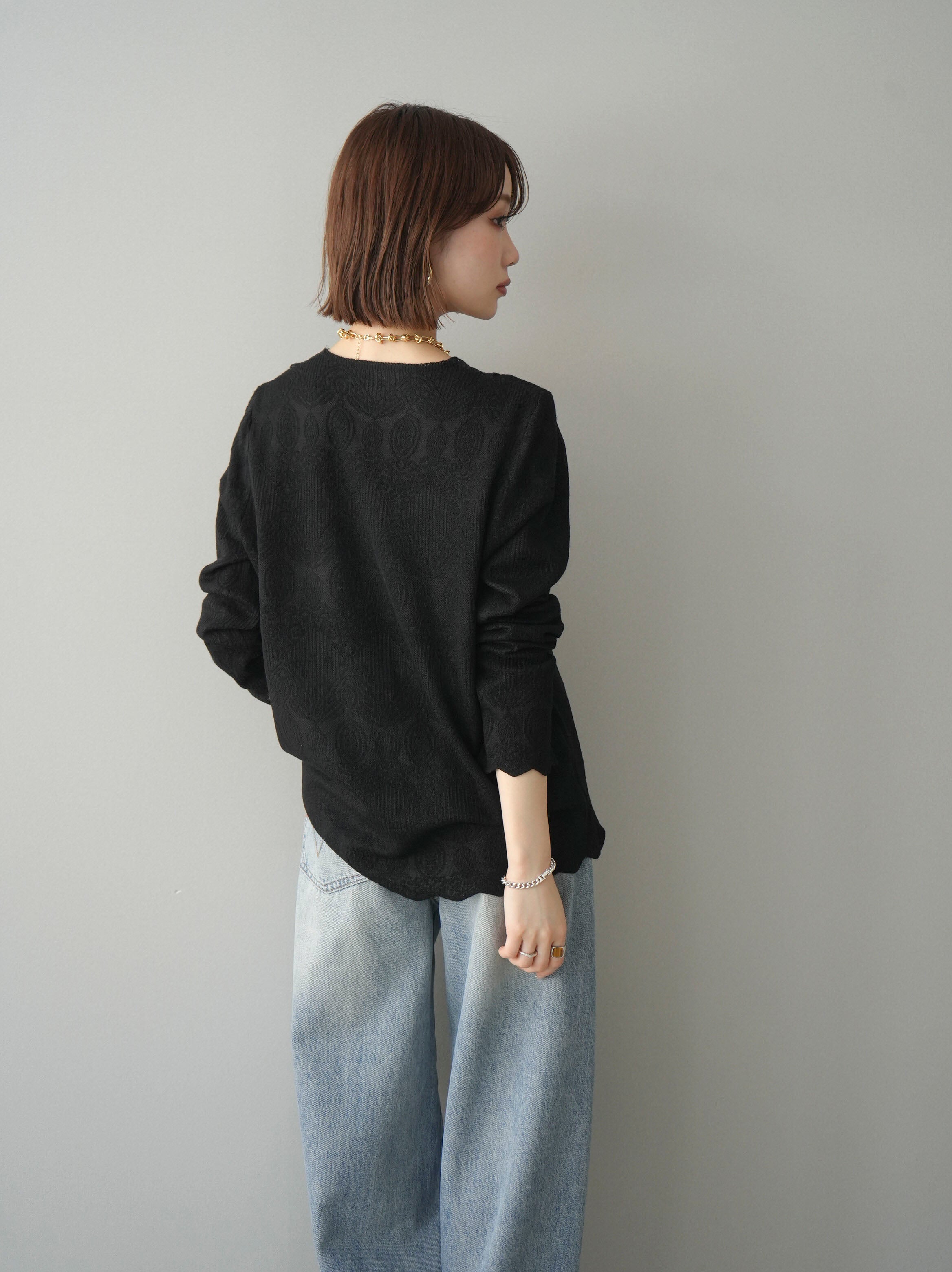 予約]レースネックジャガードニットカーディガン/black – Lumier