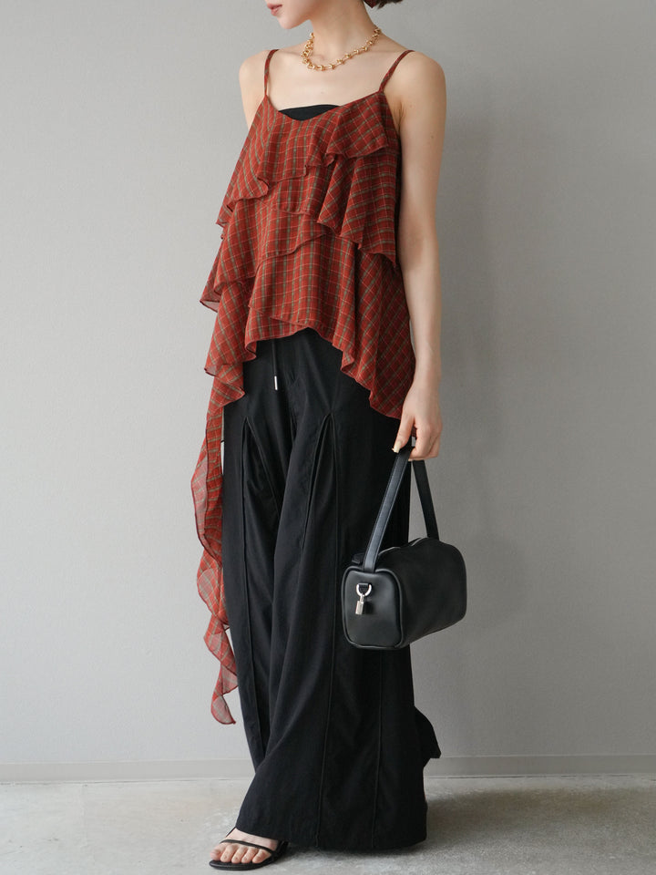 [予約]タックパイピングナイロンワイドパンツ/ブラック