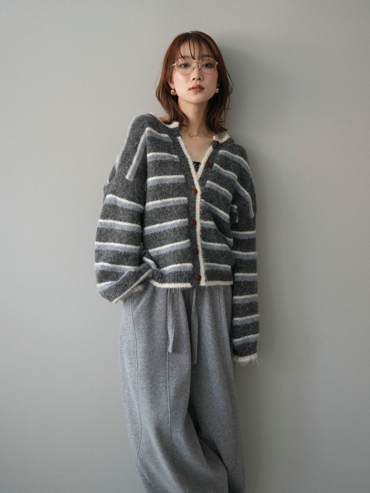 [SET]ウールタッチ配色ボーダーニットカーディガン+ウエストベルトカーブラインスエットパンツ(2set)