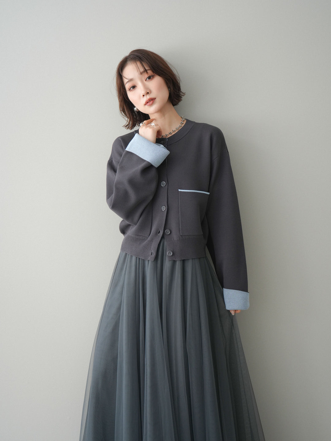 [SET]レーヨンポリダブルフェイスニットカーディガン+チュールボリュームスカート(2set)