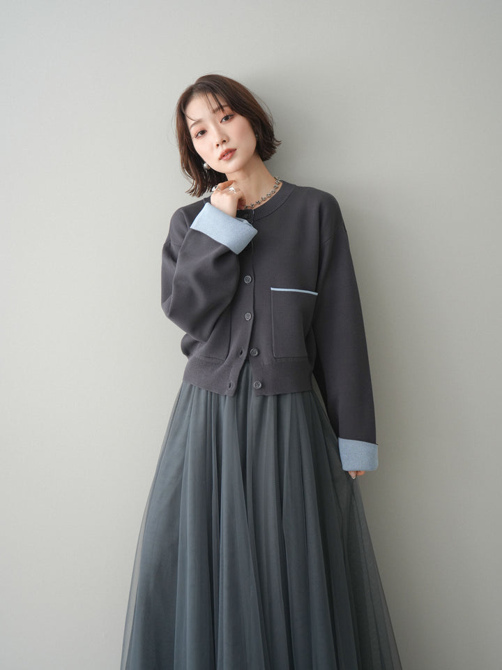 [SET]レーヨンポリダブルフェイスニットカーディガン+チュールボリュームスカート(2set)