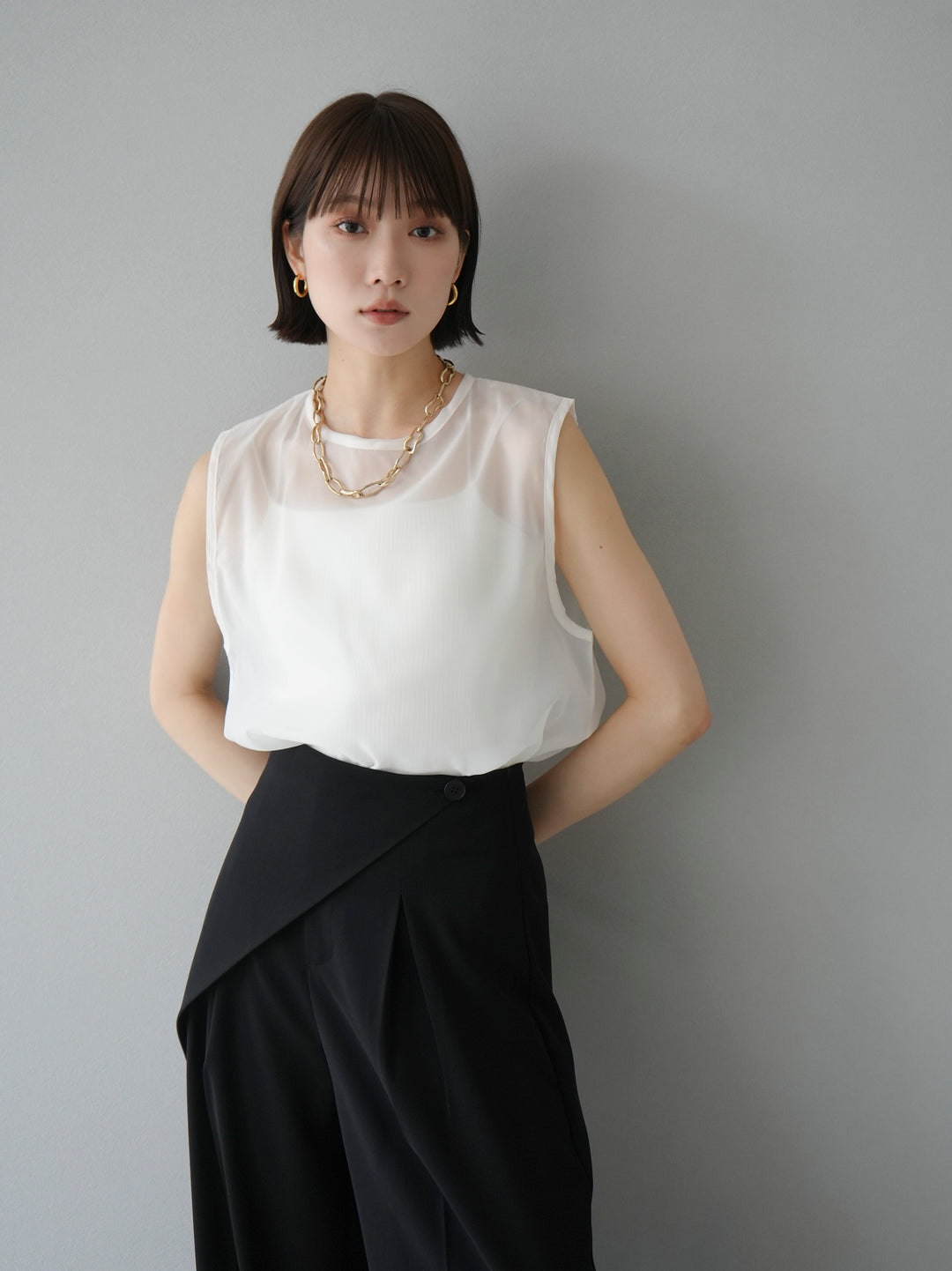 [SET] Organza sleeveless top + wrap wide pants (2set)