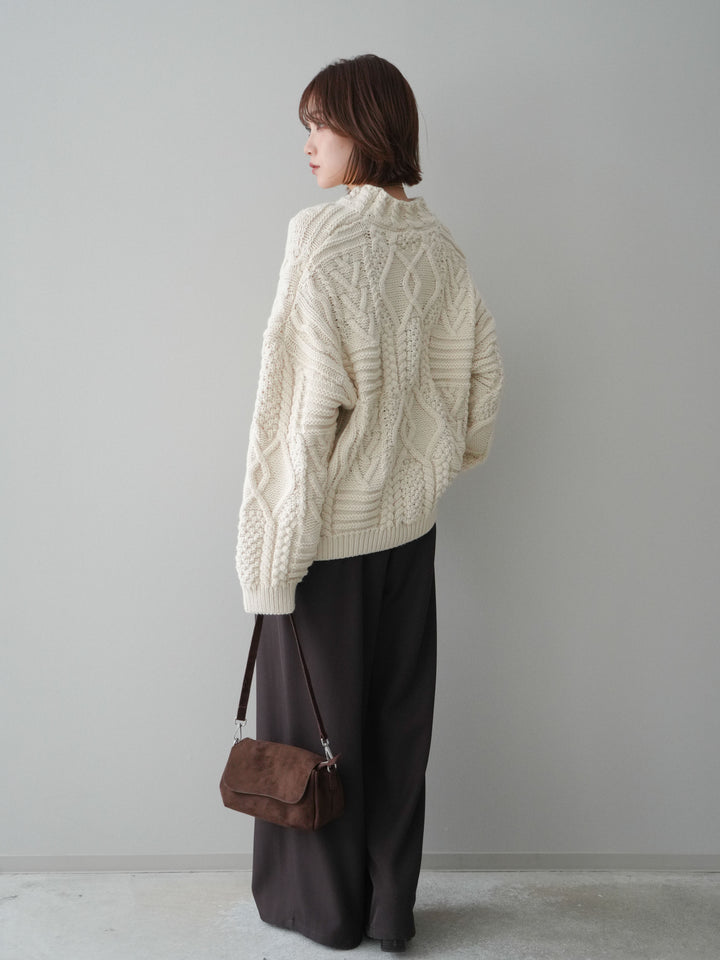 [SET]ケーブル編みモックネックニットプルオーバー+ベルトループデザインワイドパンツ(2set)