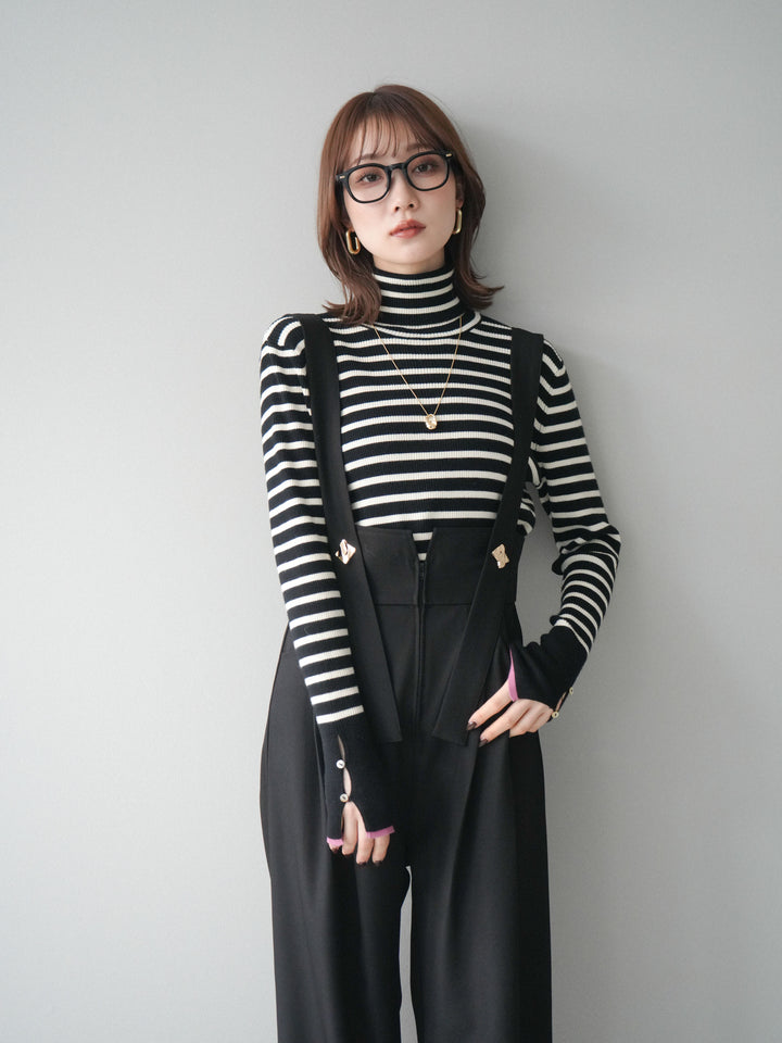 [予約]袖配色ハイネックボーダーリブニットトップス/blackborderpink