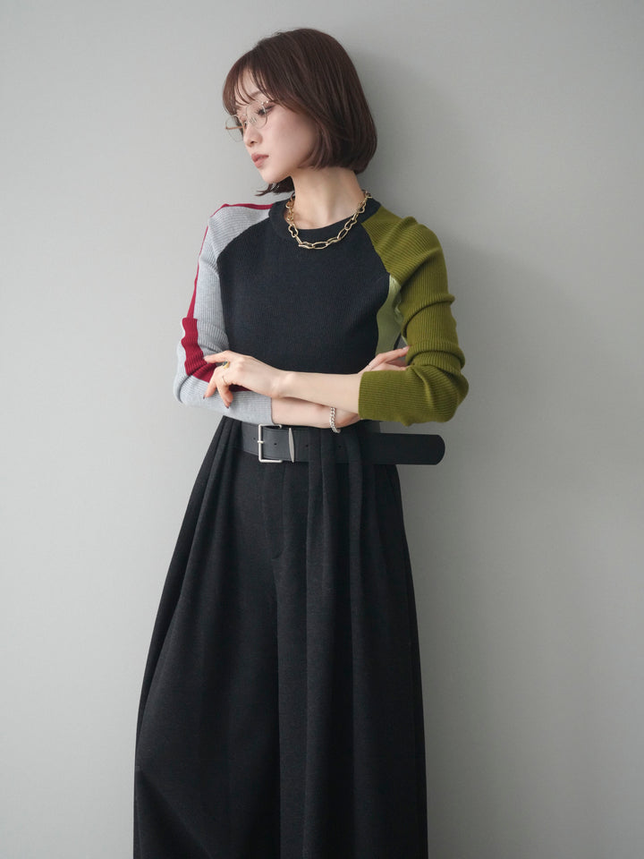 [SET]バイカラーラグランニットトップス+ベルトデザインループウールワイドパンツ(ベルト付)(2set)