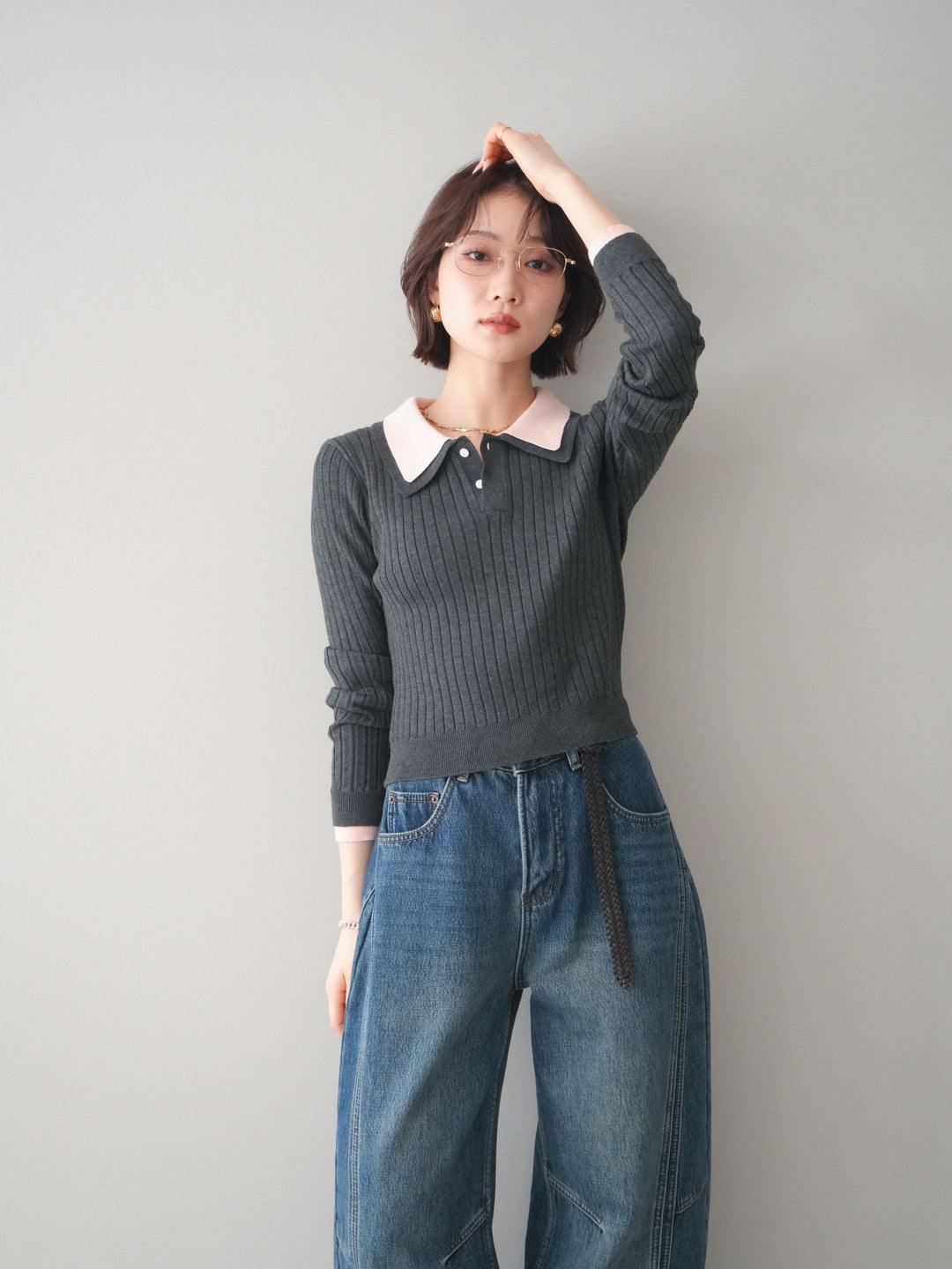 [予約]ダブル襟ポロリブニットトップス/charcoalgray