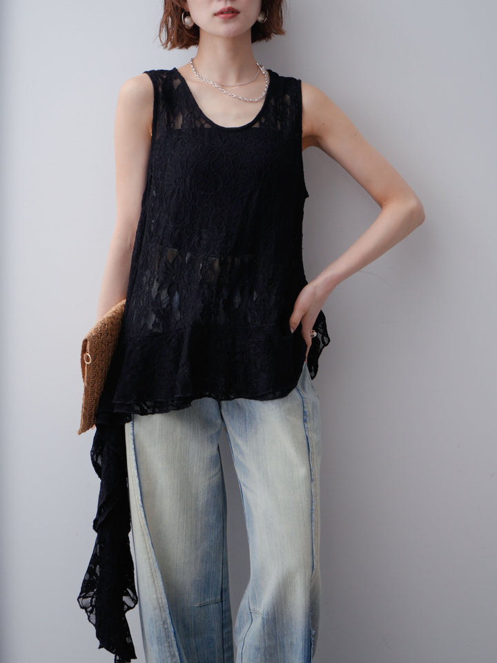 [予約]ラッフルレースアシメペプラムノースリトップス//black