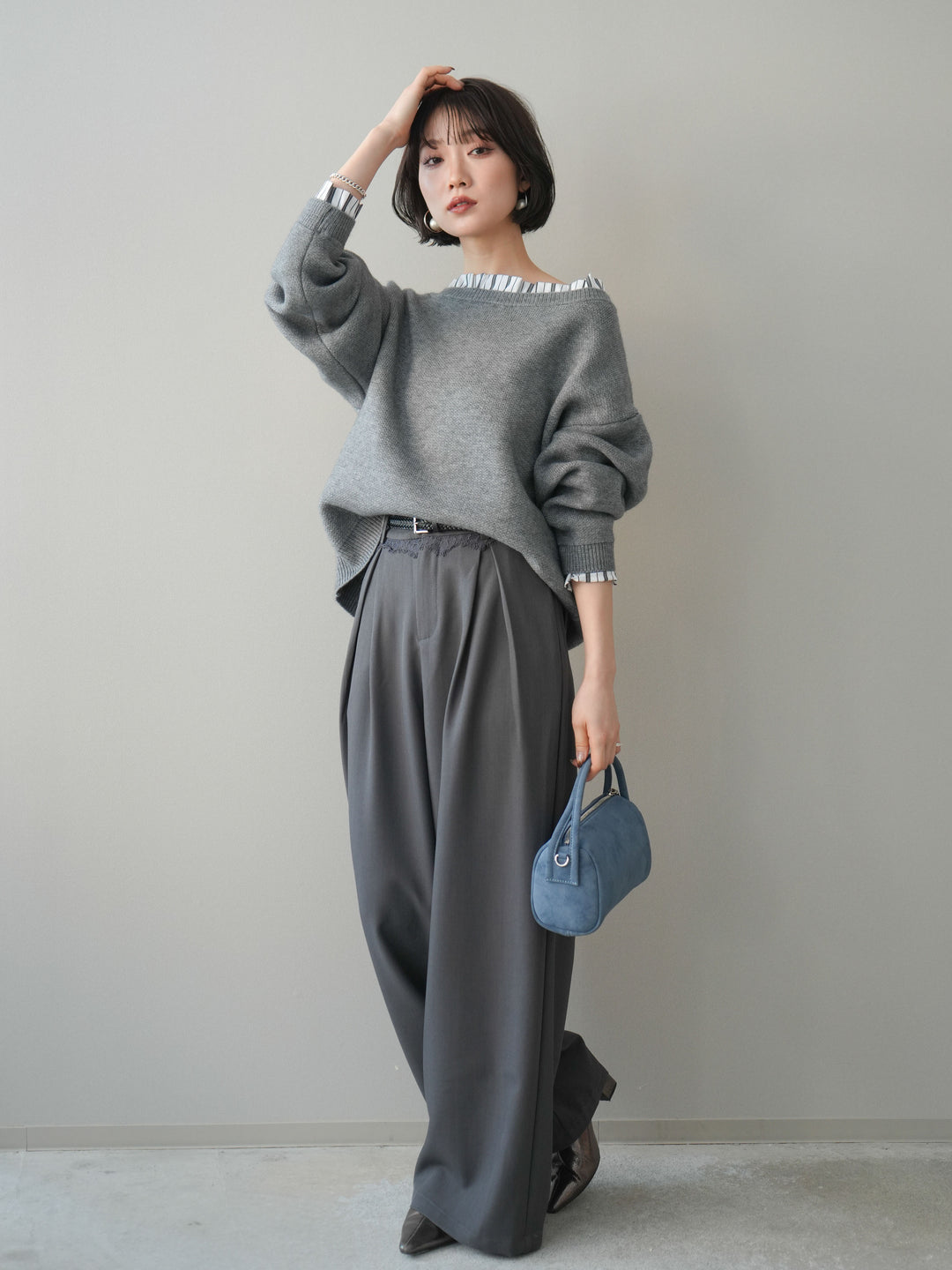 [予約]ウエストレースタックワイドパンツ/gray