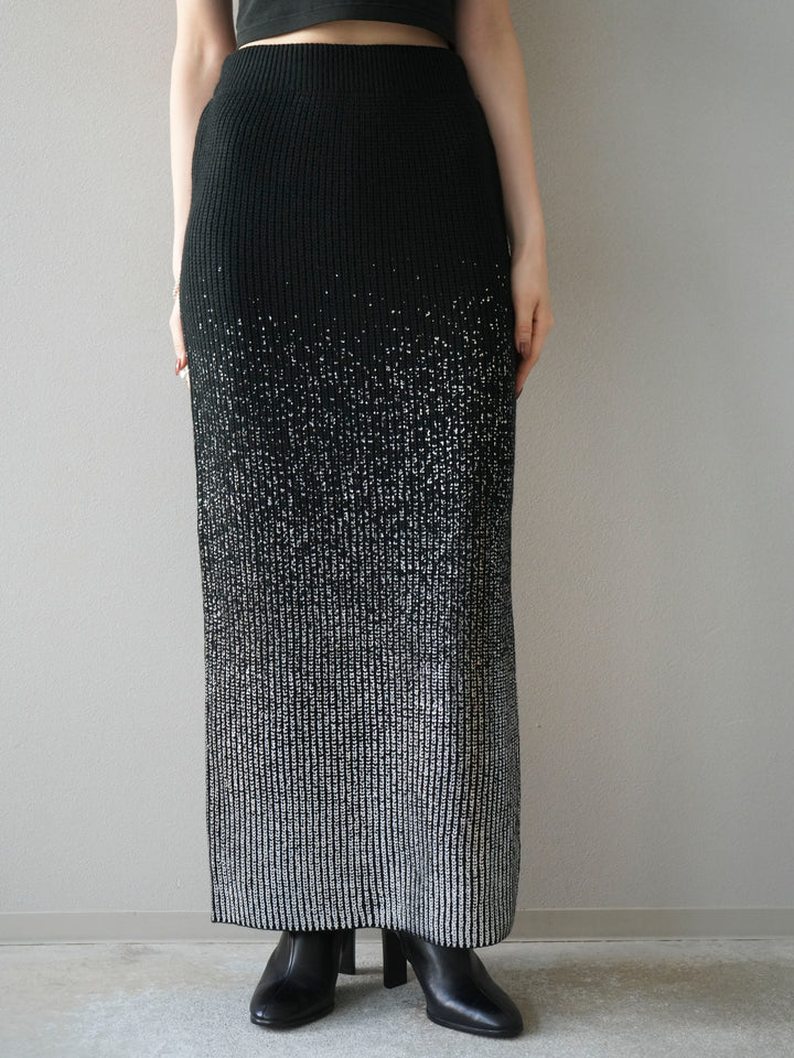[予約]箔プリントニットタイトスカート/black