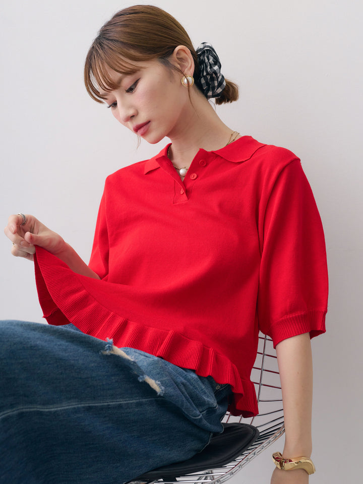 [予約]クールタッチポロフリルニットプルオーバー/red