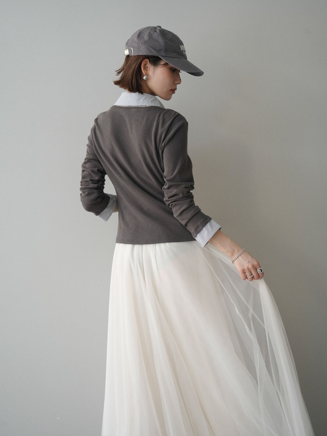 [予約]ストライプドッキングシャツドレープカットソー/charcoal