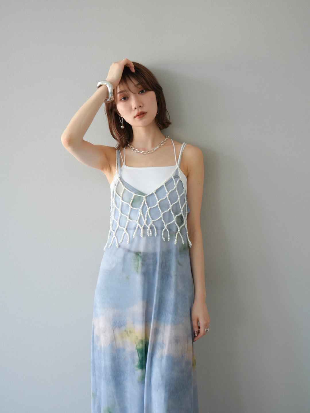 [予約タイダイ柄シアーキャミワンピース/サックス