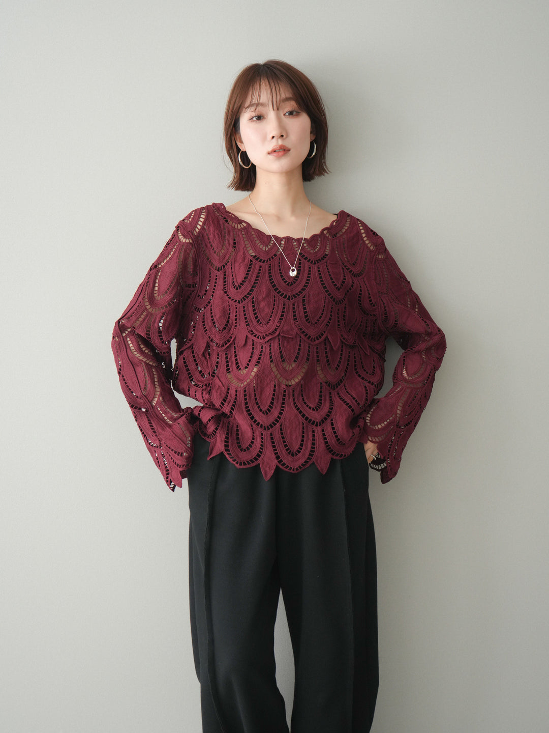 [予約]透かしコードレースブラウス/bordeaux