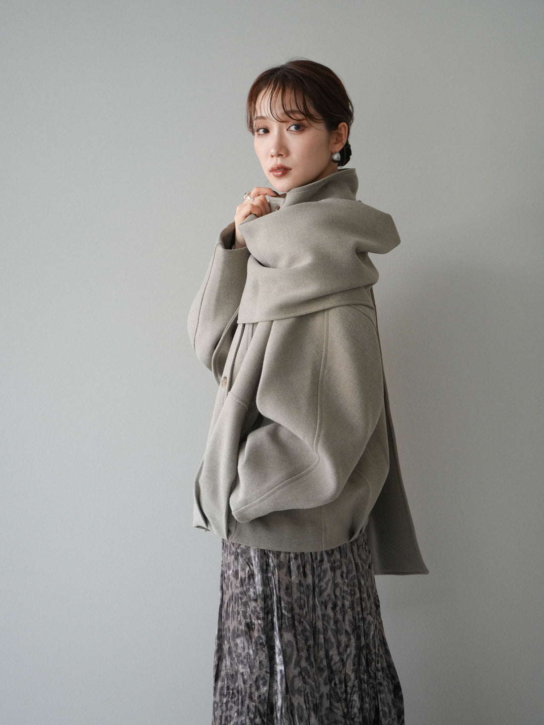 [予約]ストール付きミディアムコート/khaki