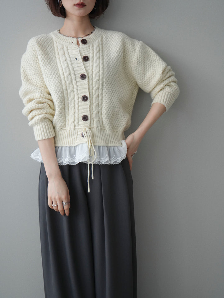 [SET]裾レースケーブルニットカーディガン+ベルトループデザインワイドパンツ(2set)